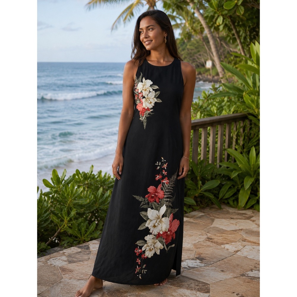 Iolani Vintage Made In Hawaii Black Maxi Dress XL Orchid Hawaiian Rayon Retro